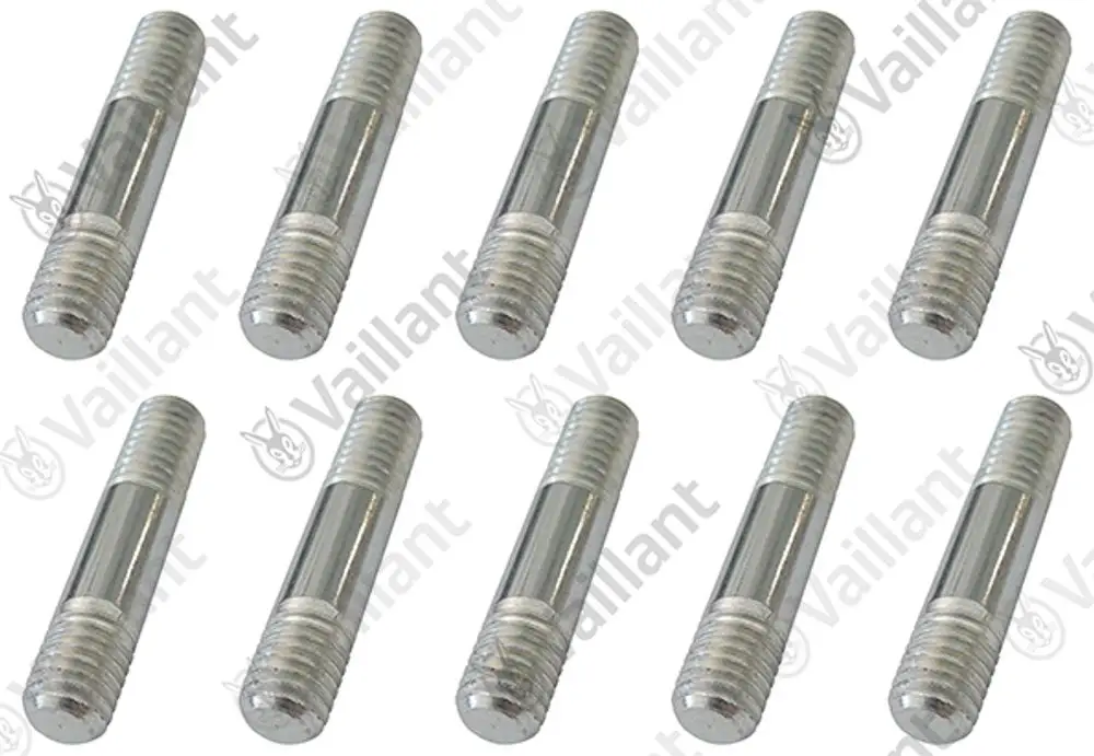 10 metallene Schrauben der Marke Vaillant, mit gewindeloser Mitte und Gewinde an beiden Enden, angeordnet in einem Raster.